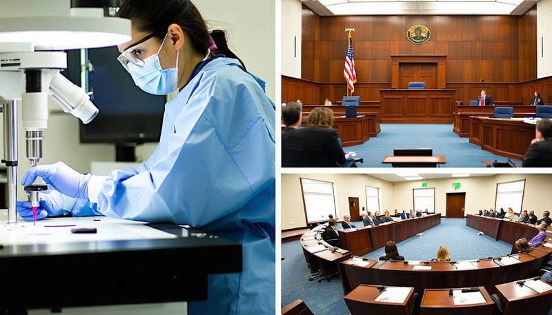 A montage of shots A lab technician in Ovation Fertilitys Newport Beach lab A court room in session and a busy state congressional meeting in Florida Please combine them into one image-1