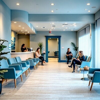 A tasteful plain medspa waiting room with consultation rooms in the background people can be seen in waiting chairs and being attended by reception Colors are subdued tones of blue-1-1 A tasteful plain medspa waiting room with consultation rooms in the background people can be seen in waiting chairs and being attended by reception Colors are subdued tones of blue-1-1