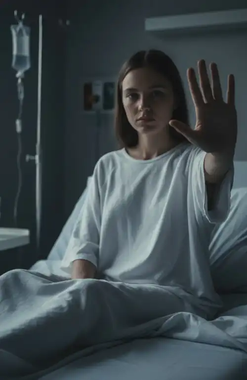 Patient in hospital bed raising hand in stop gesture